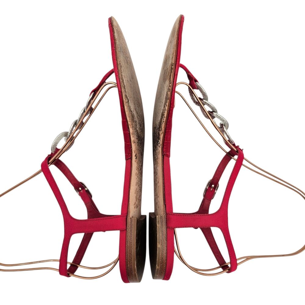 Chanel CC Chain Flat Thong Sandal Quilted Red Leather Silver Size 39 US 8 8.5 - Picture 7 of 12